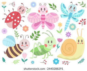 Set with cute kawaii insects, flowers and twigs with leaves - ladybug, grasshopper, bee, snail, butterfly, dragonfly. Vector illustration, easy to edit