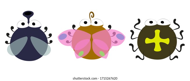 Set of cute kawaii insects on a white background. Cartoon animals. Fly, spider, butterfly. EPS10 vector illustration
