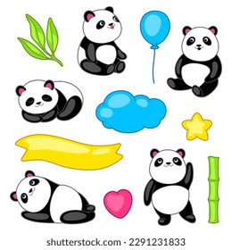 Set of cute kawaii little pandas. Funny characters and decorations in cartoon style.