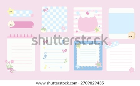 Set of Cute Kawaii Memo Pads and Stationery Frames. Paper Notes, Music Note, Stars, Square notepads with cute bunny and dessert. Vector. flat design. 