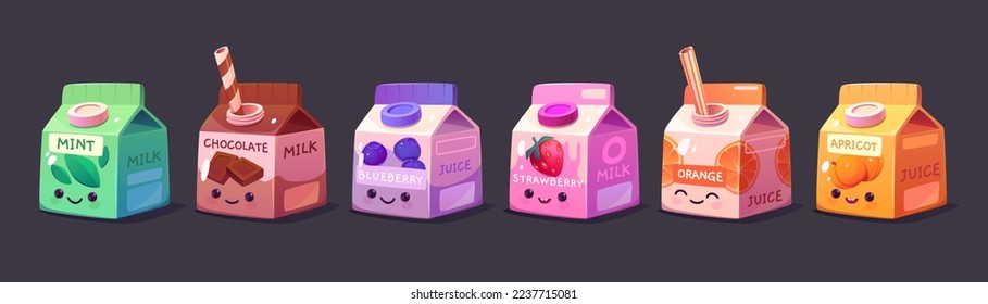 Set of cute kawaii milk and juice carton characters. Trendy vector illustration of colorful Japanese anime style boxes with chocolate, mint and strawberry milk, blueberry, orange and apricot juice - Shutterstock ID 2237715081