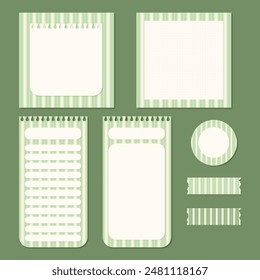 Set of cute kawaii notepad and memo pad scrapbooking element stickers with stripes background