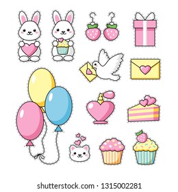 Set of Cute kawaii objects, bunny, sweets, letter, pigeon and hearts. Love. Saint Valentine's Day. Rainbow happy colors. Beautiful vector illustration for greeting card/poster/sticker. 