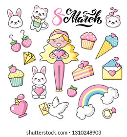 Set of Cute kawaii objects, girl with long blond hair and hearts. March 8 lettering. Happy women's day. Rainbow happy colors. Beautiful vector illustration for greeting card/poster/sticker.