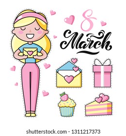 Set of Cute kawaii objects, girl with long blond hair and hearts. Love. International Women's Day. Rainbow happy colors. Beautiful vector illustration for greeting card/poster/sticker. 