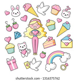 Set of Cute kawaii objects, girl with long blond hair, bunny and hearts. Love. Rainbow happy colors. Beautiful vector illustration for greeting card/poster/sticker.