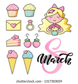 Set of Cute kawaii objects, girl with long blond hair and hearts, cakes and ice cream. Love. Rainbow happy colors. Beautiful vector illustration for greeting card/poster/sticker. 