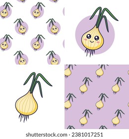 Set of Cute Kawaii Onion patterns. Food vegetable flat icon. Cartoon Onion seamless pattern, doodle style. Vector hand drawn illustration. Patterns for kids clothes. Onion patterns collection