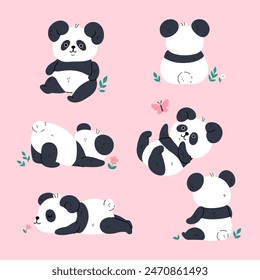 Set of cute kawaii panda characters. Vector graphics.