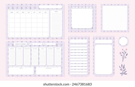 Set of cute and kawaii pastel purple floral planner organizer memo pad and notepad