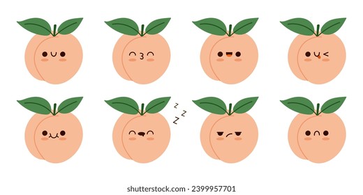 Set cute kawaii peach fruit character with a funny emoji. Peach fuzz color cartoon vector illustration