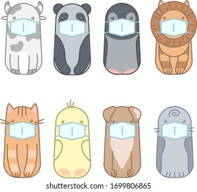 Set of cute kawaii pets in protective masks. Vector icons with animals