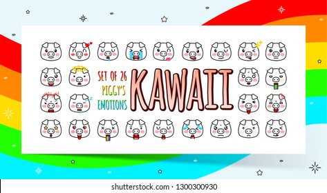Set of cute Kawaii pigs with various emotions in contour style. Can be used for coloring book. Symbol of Chinese New Year. Collection in a cartoon style. Vector illustration