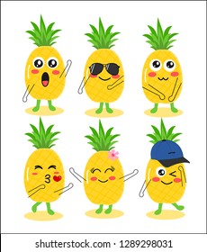 set of cute kawaii pineapple cartoon character,fresh fruit,emoji icon vector