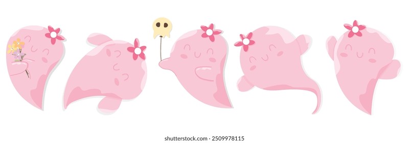 Set Cute Kawaii Pink Halloween Ghost Cartoon Perfect for adding some spooky fun to your designs. Get into the Halloween spirit with this flat vector illustration.