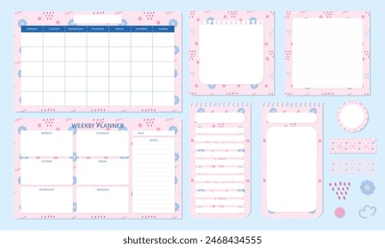 Set of cute and kawaii pink pastel planner with memo pad notepad and stickers for scrapbooking