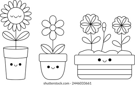 Set of cute kawaii pot of flower cartoon character coloring page vector illustration