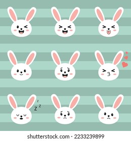 A set of cute kawaii rabbit faces; Rabbit symbol of 2023; Decoration for New Year, Easter