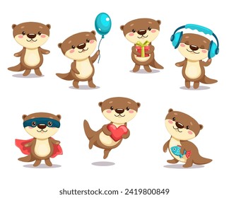 A set of cute kawaii river otters. Vector cartoon illustration. Isolated on white.