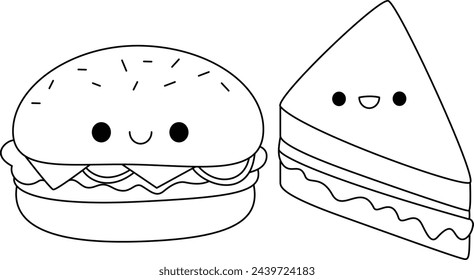 Set of Cute Kawaii Sandwich, Hamburger Fast Food Cartoon Character Coloring Page Vector Illustration
