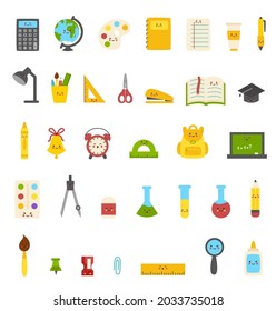 Set of cute kawaii school supplies. Back to school illustrations.