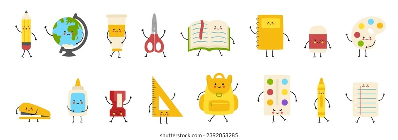 Set of cute kawaii school supplies. Vector illustration on white background. Back to school elements.