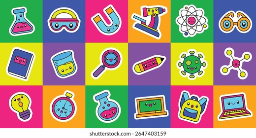 Conjunto de bonito kawaii ciência elemento adesivo vetor ilustração