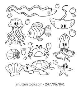 Set of cute kawaii sea animal doodle collection with smile expression face, Marine creatures, outline style illustration, background with crab, turtle, eel, starfish, snail, fish, jellyfish and squid.