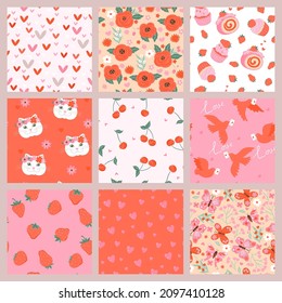 Set of cute kawaii seamless valentine's day patterns. Vector graphics.