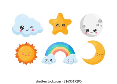 Set of Cute Kawaii Sky Objects. The set contains six cute objects such as cloud, rainbow, star, moon, and sun. Cute little illustration for kids, baby book, fairy tales, covers, baby shower invitation