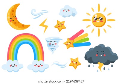 Set of Cute Kawaii Sky Objects. set of flat weather cute object such as cloud, rainbow, star, moon, and sun. Cute little illustration for kids, baby book, fairy tales, covers, baby shower invitation