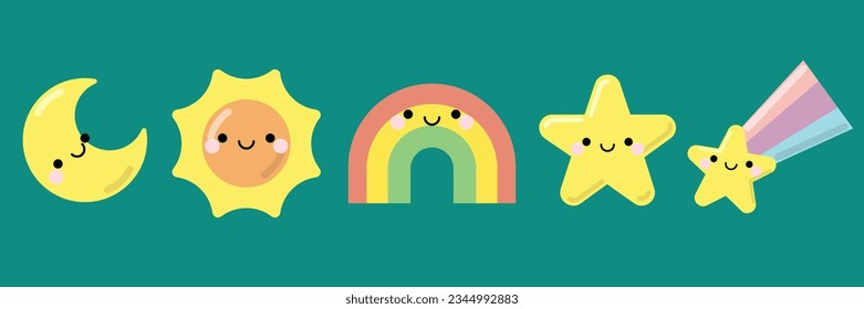 Conjunto de adorables objetos del cielo de Kawaii. El conjunto contiene seis objetos lindos como estrellas en caída, arco iris, estrella, luna y sol. Cuidada ilustración para niños, libro de bebés, cuentos de hadas, cubiertas, invitación a la ducha de bebé