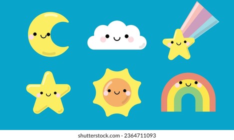 Conjunto de adorables objetos del cielo kawaii. El set contiene seis objetos lindos como estrella en caída, arco iris, estrella, luna, nube y sol, para niños, libro de bebés, cuentos de hadas, cubiertas, invitación a la ducha de bebé.