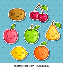 Set of cute kawaii smiling fruits stickers.