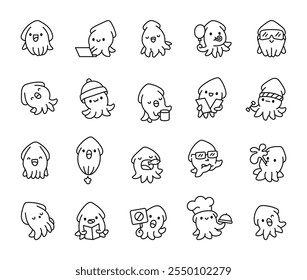 Set of cute kawaii squid cartoon character with funny and cheerful expressions holding various objects and performing creative activities