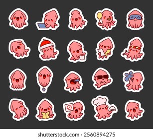 Set of cute kawaii squid cartoon character with funny and cheerful expressions holding various objects and performing creative activities