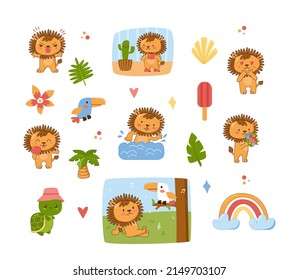 Set of cute kawaii stickers with baby lion and tropical animals and plants. Lion listens to the bird, drinks tea, swims and smells the flowers. Various emotions and poses. Vector illustration.