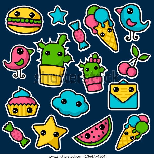 set cute kawaii stickers cupcake icecream stock vector royalty free 1364774504