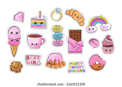 Set of Cute Kawaii Stickers Illustration. The collection consists of sixteen different kawaii elements. Vector illustration of a cute character. Cute little illustration for kids,  svg