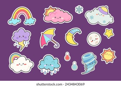 Set of cute kawaii stickers with weather. Sun, cloud, rain, lightning, wind, snow. Cute faces for children. Vector icons