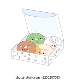 A set of cute kawaii style donuts in a box. In the form of a bear, a cat, a rabbit and a frog.