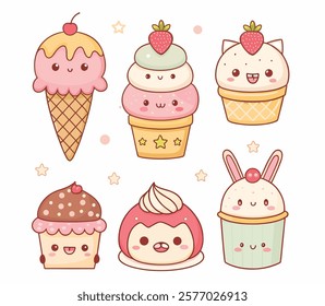 Set of cute kawaii style sweet icons , anime, japanese style. Stickers collection of ice cream, cake, cupcake, sorbet. Cartoon Illustration clipart for sweet design