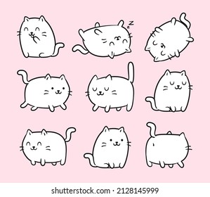Set of cute Kawaii style white Cats or kittens in funny poses - isolated on white vector. Funny kawaii animal. Cartoon fat cats 