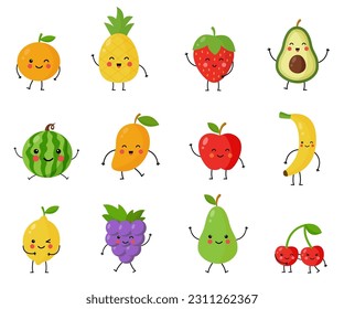 Set of cute kawaii summer fruits and berries. Vector illustration of healthy food fruits on white background.