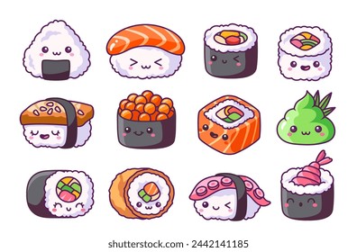 Juego de sushi kawaii lindo. Pegatinas con rollos japoneses con caras adorables. Elementos de comida asiática de moda dibujados a mano. Diseño para café. Ilustraciones de vector plano de dibujos animados aisladas sobre fondo blanco