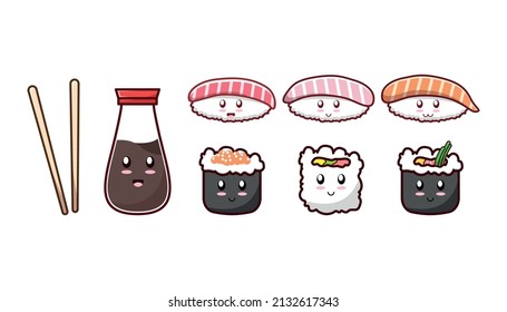 Set Cute Kawaii Sushi Vector Cartoon Stock Vector (Royalty Free ...