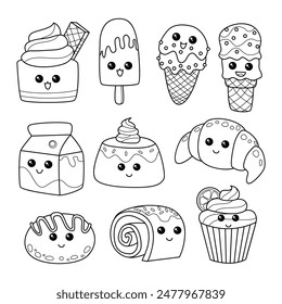 Set of cute kawaii sweet dessert doodle collection with smile expression face, cake cartoon, outline style illustration, isolated with ice cream, cake, bread, milk, roll, croissant, and cupcake.