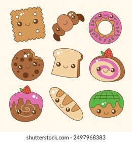 Set of cute kawaii sweet dessert doodle collection, cake cartoon, outline style illustration, isolated on white background with ice cream, cake, bread, milk, roll, and croissant.