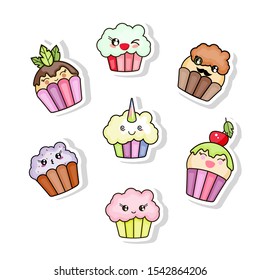 Set of cute, kawaii sweets and pastries. Set of stickers. The object is separated from the background. Hand drawn baby vector element for stickers, pins, badges and for your creativity.