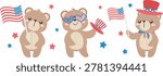 Set of cute kawaii teddy bears celebrating 4th of July holding American flag, wearing heart-shaped star-spangled glasses with Uncle Sam hat, and dressed in patriotic bow tie. Red, white, and blue stars scattered throughout. Isolated elements on white background, perfect for Independence Day greeting card, banner, sticker, and party decoration. Flat design vector illustration.